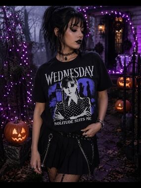 Wednesday Adams Graphic Tee Size L Black Halloween Spooky Whimsigoth Alt